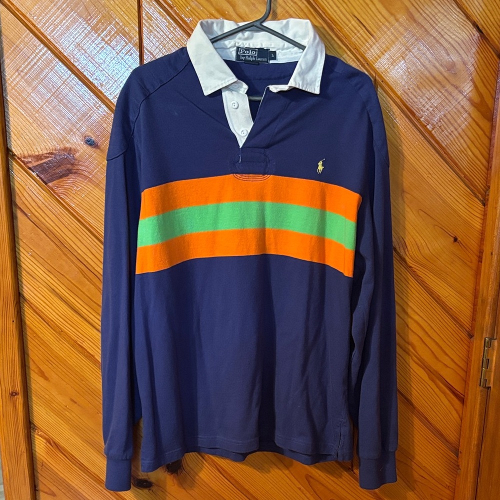 Polo by Ralph Lauren Men's Navy Shirt with Orange and Green Stripes